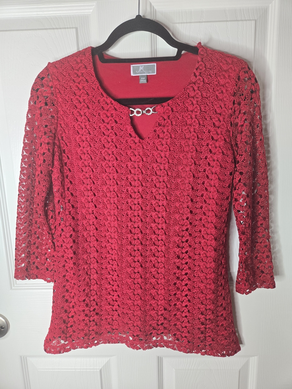 JM Collection Red Crochet Tunic with Silver Ring Accent